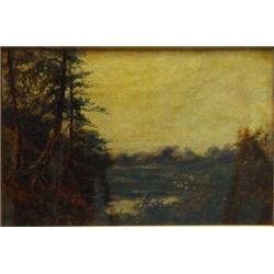 Framed Victorian oil onto canvas of sheep beside pond with people and trees, star signature to le…