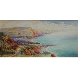 Gilt framed watercolour 'Looking Down From The Hill On A Town Beside Rocky Cliffs', initalled MP,…