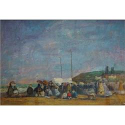 Gilt framed oil onto canvas of figures on a beach in the impressionist style, Reeves, 50cm x 35cm…