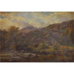 Framed oil on canvas of river, trees and hills, indistinct signature, 54cm x 34cm…