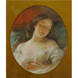 Framed pencil and pastel portrait of a young maiden asleep, 30cm x 26cm…