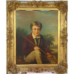 Large Victorian gilt framed oil onto canvas of a young boy with his fishing rod, 90cm x 70cm…