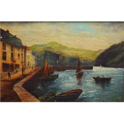 Gilt framed oil onto canvas of boats in a harbour with people and buildings, S. Moll, 44cm x 29cm…