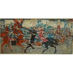 Framed coloured Japanese woodblock sectional print of warriors, various signatures, 76cm x 36cm…