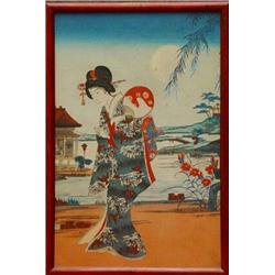 Four framed Japanese coloured woodblock prints of geisha girls, various signatures, each 36cm x 2…