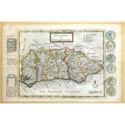 Early framed coloured map of Sussex by Herman Moll, Geographer, 34cm x 24cm…