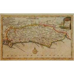 Early hand coloured engraved map of Sussex, 25cm x 16cm…