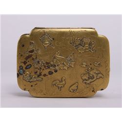 Chinese brass box with decorative roosters, birds, and