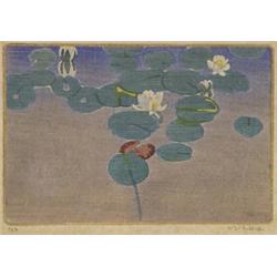 walter joseph phillips rca, cspwc, asa, WATER LILIES., Colour woodcut, signed and numbered 162 i...