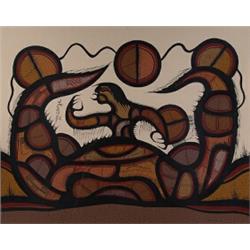 Joshim Kakegamic, CROSSING., Gouache, signed in syllabics; titled and dated 1980, verso backin...