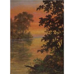 thomas harrison wilkinson osa, SUNSET ON THE RIVER., Oil on board, signed., 25.4 x 19.1 cm (10...