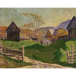 joachim george gauthier, rca, osa, FARMYARD AT GREEN LAKE, HALIBURTON., Oil on canvas on board...