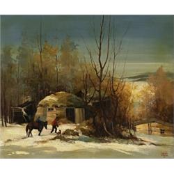 WILLIAM GARNET HAZARD CpE, WINTER ON THE FARM., Oil on canvas, signed., 60.9 x 73.7 cm. (24 x...