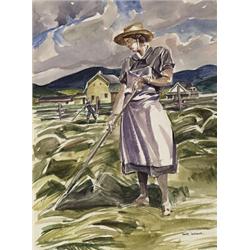 charles goldhammer osa, cpe, cspwc, WOMAN RAKING HAY., Watercolour, signed., Sight 38.1 x 28 c...