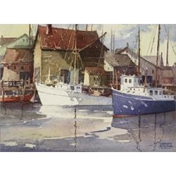 william garnet hazard cpe, FISHING BOATS IN HARBOUR (Double-sided)., Watercolour, signed., Sig...