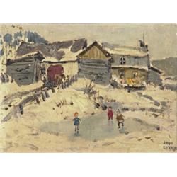 john geoffrey caruthers little arca, KIDS SKATING, CHARLEVOIX COUNTY., Oil on canvasboard, signe...