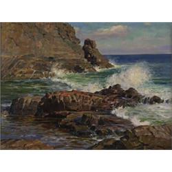 adam sherriff-scott rca, ROCKY SHORE., Oil on canvas, signed., 45.7 x 61 cm. (18 x 24 in.)....