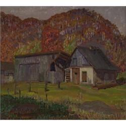 thomas HAROLD BEAMENT prca, FALL COTTAGE., Oil on canvas, signed., 30.5 x 33 cm. (12 x 13 in.)...