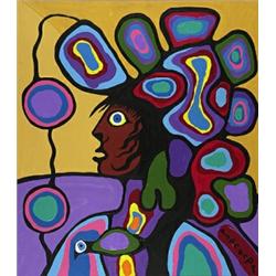 NORVAL H. MORRISSEAU rca, FAMOUS FUTURE., Acrylic on canvas, signed in syllabics., 81.3 x 71.1...