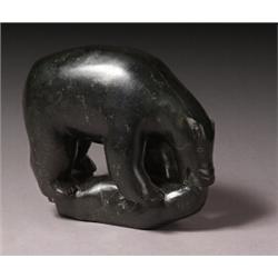 george palliser (b. 1927) Inukjuak.  E9-1790. Black stone carving of a bear and seal , signed with