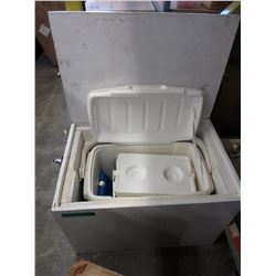 Used wood storage box & contents