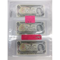 3 Mint 1973 Canadian $1 bills - Sequential