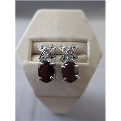 New Sterling Silver, Oval Garnet & Diamond Earrings