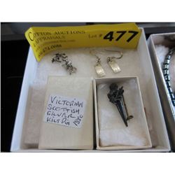 1880 Scottish Kilt pin - and 2 pairs of earrings