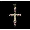 Image 1 : 14KT Two-Tone Gold 0.24ctw Ruby and Diamond Cross Pendant