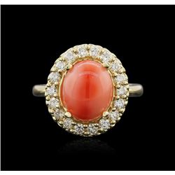 14KT Yellow Gold 3.20ct Coral and Diamond Ring