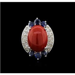 14KT White Gold 12.90ct Coral, Sapphire and Diamond Ring