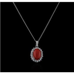 14KT White Gold 4.16ct Coral and Diamond Pendant With Chain