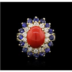 14KT White Gold 3.70ct Coral, Sapphire and Diamond Ring