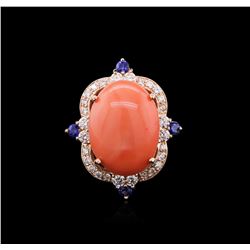 10.71ct Pink Coral, Blue Sapphire, and Diamond Ring - 14KT Rose Gold