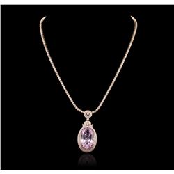 14KT Rose Gold 32.47ct GIA Certified Kunzite and Diamond Pendant With Chain