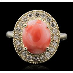 14KT Yellow Gold 3.16ct Coral and Diamond Ring