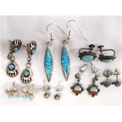 8 Pr Sterling Earrings, Mostly Native American
