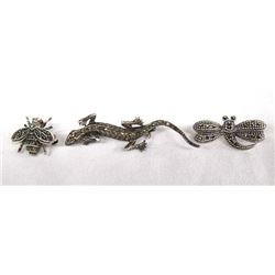 Sterling Silver Marcasite Bee, Dragonfly, & Lizard Pins