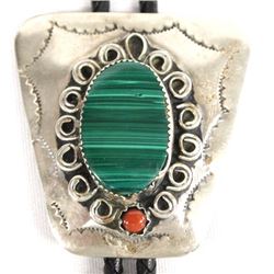 Navajo Sterling Silver Malachite & Coral Bolo Tie