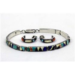 Zuni Sterling Silver Inlay Bracelet and Earrings