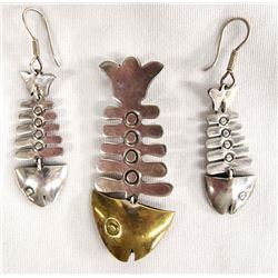 Mexican Taxco Sterling Silver Fish Pin & Earrings