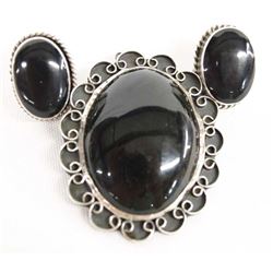 Mexican Sterling Taxco Onyx Pin Pendant & Earrings