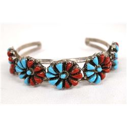 Zuni Sterling Turquoise Coral Cuff Bracelet