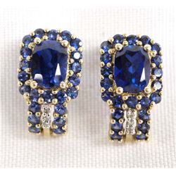 Estate 10Kt Gold, Blue Sapphire, Diamond Earrings