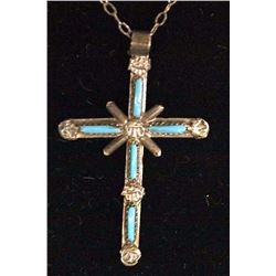 Navajo Sterling Turquoise Cross Pendant Necklace