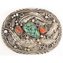 Navajo Silver Turquoise Coral Belt Buckle, Morris