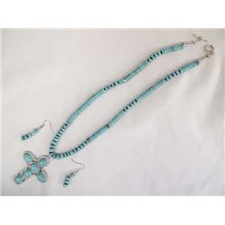 Block Turquoise Cross Pendant Necklace & Earrings