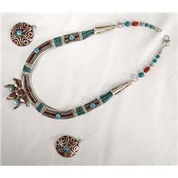 Tribal Turquoise and Coral Necklace and Earrings