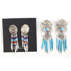 2 Pr Native American Beaded Silver Dangle Earrings
