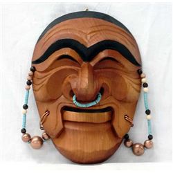 Hand Carved Wood Mask with Copper & Turquoise